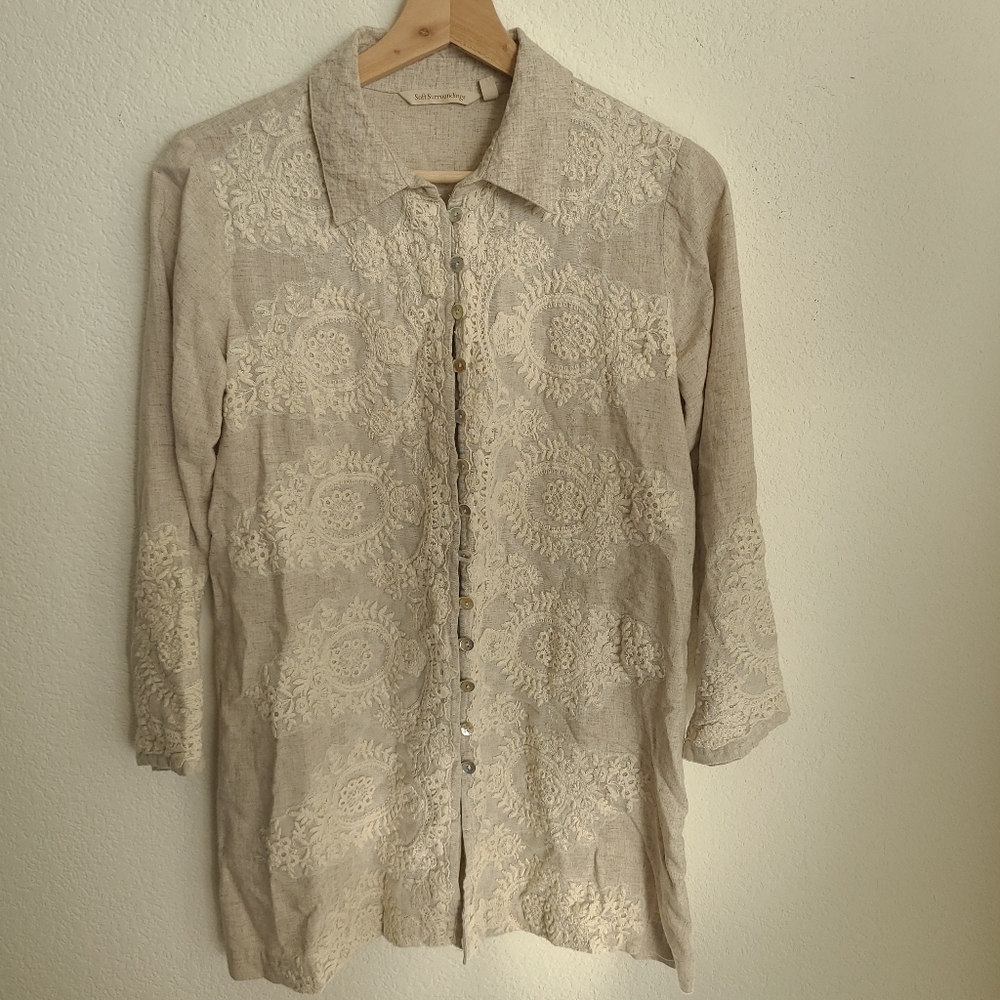 Soft Surroundings size S Button Down Lace Linen blend Lagenlook Top Beige